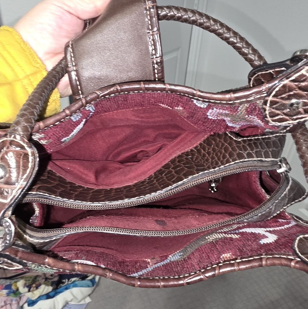 Burgundy Floral Tapestry Purse With Brown Faux Leather - Picture 9 of 11